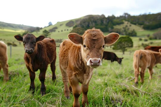 Curious Baby Cows Grazing on a Green Meadow
