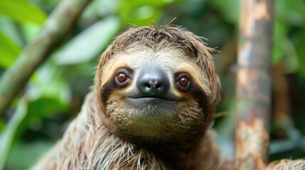 Fototapeta premium Friendly Sloth Sitting on a Branch in Panama Rainforest. Furry Beast with Slow Movements