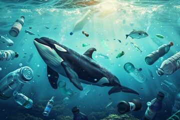 Electric blue killer whale swims in plasticfilled ocean