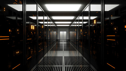 Server Room of data center with data storage servers, ISP, render farms behind glass panels with yellow twinkling lights. Technology futuristic modern footage with copy space.