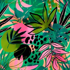 Abstract Hand Drawing Digital Watercolor Textured Tropical Monstera Exotic Banana Leaves and Leopard Skin Geometric Shapes Seamless Pattern with Isolated Background