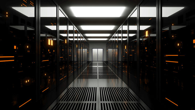 Server Room of data center with data storage servers, ISP, render farms behind glass panels with yellow twinkling lights. Technology futuristic modern footage with copy space.