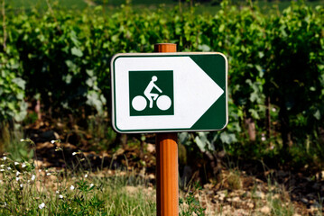 Beaune, Cote de Beaune, Cote d'Or, Burgundy, France, Europe -  bicycle route sign in vineyards