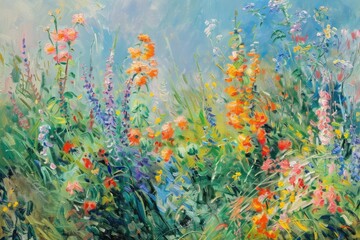 Fototapeta na wymiar Impressionism Oil Painting - Landscape with Flowers in Meadow, Inspired by Claude Monet's Flower Paintings
