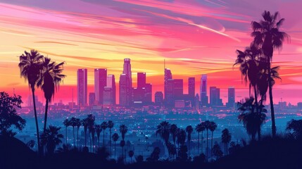 Skyline with Palm Trees in the Foreground. Urban Landscape with Skyscrapers, Stunning Architecture, and Vibrant Sunset - obrazy, fototapety, plakaty