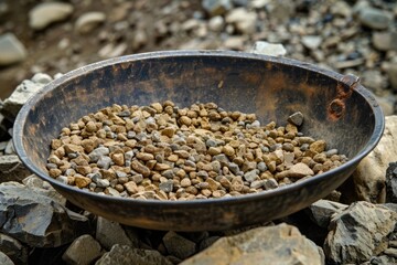 Pan for Gold and Gems: Screening, Sifting, and Classifying Soil and Pebbles. Essential Mining Equipment for Prospecting Adventure - obrazy, fototapety, plakaty