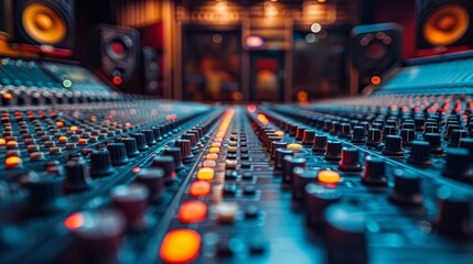 Music Studios: Showcase the behind-the-scenes of music production in recording studios, including mixing boards, microphones, and soundproof rooms - obrazy, fototapety, plakaty