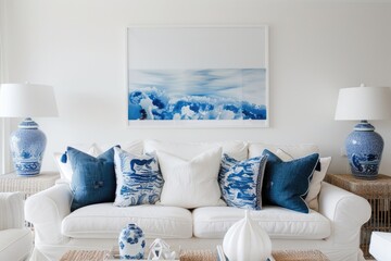 Serene White and Blue Living Room with Chic Decor: Sofa, Armchair, Rattan, Lamp, Poster & Wall Accents