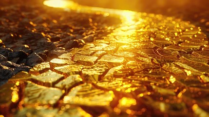 Yellow Brick Road of Wealth: Full of Gold Ingots and Hidden Treasures in a Three-Dimensional Shape - obrazy, fototapety, plakaty
