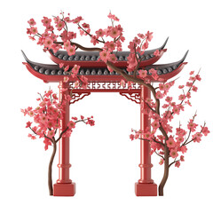 Cute 3D red Chinese oriental decorative gate with plum blossoms
