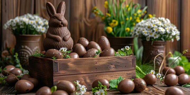 Easter Celebration A Bunny Surrounded by Chocolate Eggs Generative AI