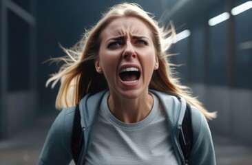 upset Caucasian woman screaming, crying in pain. shock and emotional breakdown, depression. - obrazy, fototapety, plakaty