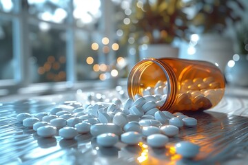 A glass bottle of nutraceutical pills has tipped over on a table, spilling its contents. The pills are scattered around the table - obrazy, fototapety, plakaty