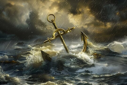 A colossal golden anchor is the central focus, partially submerged and rising from the turbulent ocean waves
