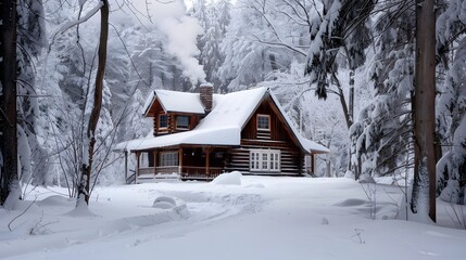a cabin in the woods with snow on the ground