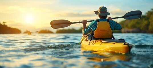 Naklejka premium Man paddling kayak at sunset on sea kayaking and canoeing adventure in serene waters