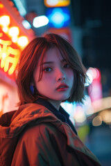 Fototapeta premium A beautiful short hair woman wearing a jacket on a street