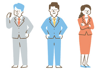 Three office workers, male and female, standing in suits _Color