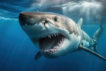 Naklejka premium Great white shark underwater. Generative Ai