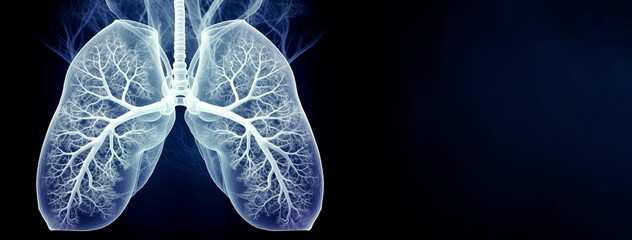 Human lungs on a dark blue background. Copy space. Banner. Generative Ai - obrazy, fototapety, plakaty