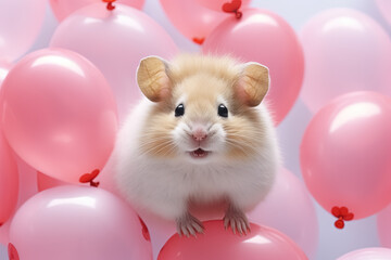 Cute hamster with pink balloons on white background. Generative Ai