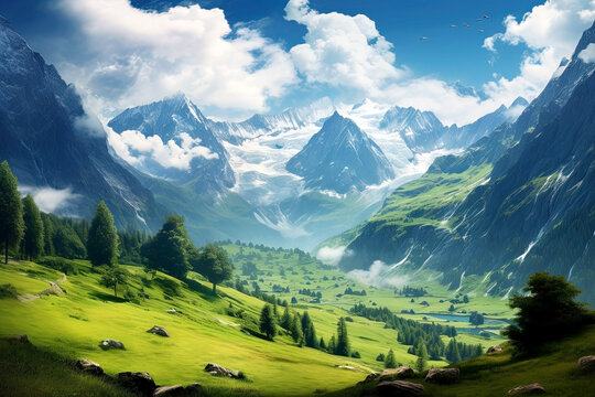 Beautiful summer landscape with snow-capped mountains and blue sky. Generative Ai