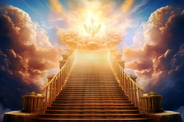 Conceptual image of a stairway leading to heaven with a flying angel. Generative Ai