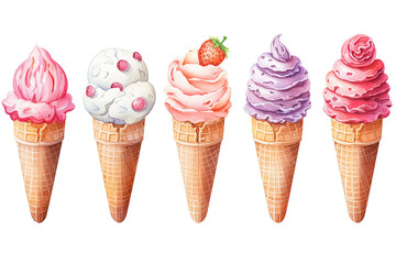 Set of ice creams in waffle cones. Generative Ai