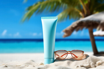 Sun protection cream and sunglasses on a sandy beach. Generative Ai