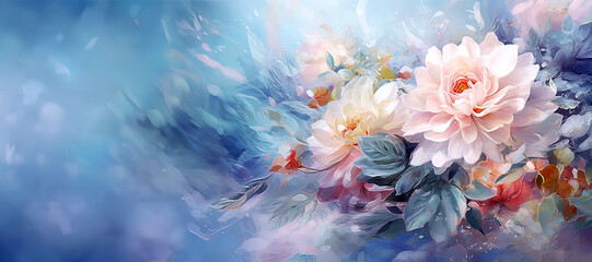 Obraz na płótnie Canvas spring floral background, panoramic layout. Generative Ai