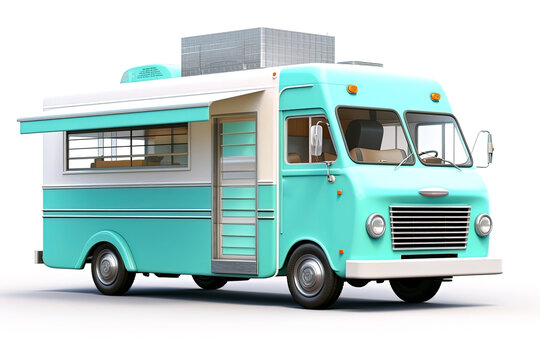 vintage retro food truck on white background with shadow. Generative Ai