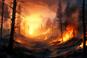 Burning forest during a strong fire. Generative Ai