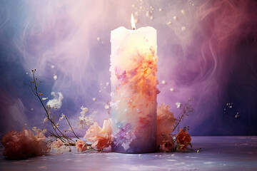 Burning candle and dried flowers on a blue background with smoke. Generative Ai - obrazy, fototapety, plakaty