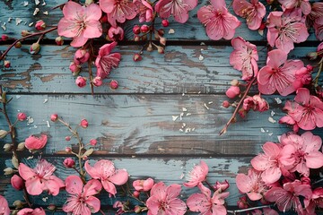 pink flowers on vintage wooden background, border design. vintage color tone - concept flower of spring or summer background