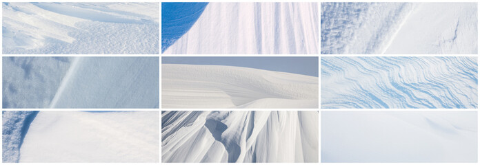 Set of snow textures. Collection of beautiful panoramic winter backgrounds with pure fresh snow and wind-sculpted patterns on a snowy surface. Nine wide panoramas with natural snow textures. - 777057934