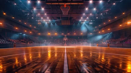 Rolgordijnen An empty indoor basketball court with no people Landscape image with copy space for the background of a professional basketball court in a large stadium. There are rows of empty seats. © เลิศลักษณ์ ทิพชัย