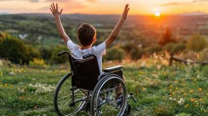 Young boy on wheelchair cherishing sunset with stunning mountains in the background - obrazy, fototapety, plakaty