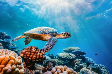 Fototapeta premium Sea Turtle Swimming Above Coral Reef. 