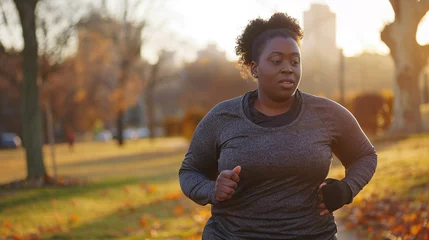  With unwavering focus etched on her face, a curvy African woman takes strides while jogging in a city park, showcasing the joy and empowerment found in sport and outdoor exercise. © arhendrix
