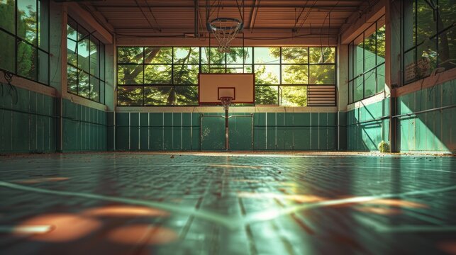 Wide angle shot of an empty indoor basketball court. Horizontal image with copy space for professional basketball court background.