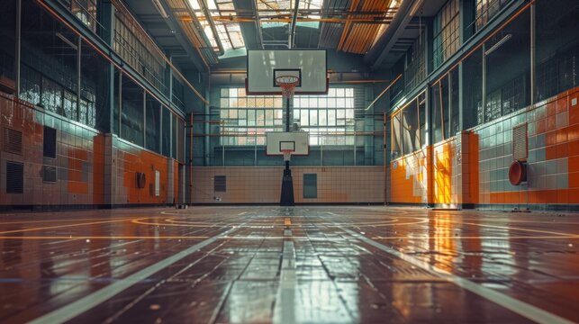 Wide angle shot of an empty indoor basketball court. Horizontal image with copy space for professional basketball court background.