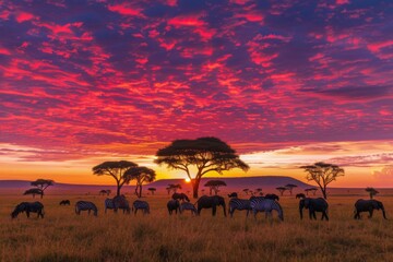 Fototapeta na wymiar Vibrant Sunset Sky Over Elephants and Zebras in Savannah. 