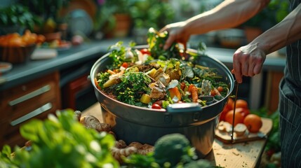 Composting involves throwing food scraps into the compost bin, such as vegetables, fruits, and eggshells, to separate and make bio-fertilizer in the kitchen or garden at home.