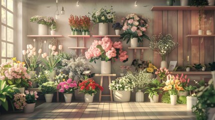 Obraz na płótnie Canvas 3D rendering of female florists are arranging flowers for customers who come to order them for various ceremonies such as weddings, Valentine's Day or to give to loved ones