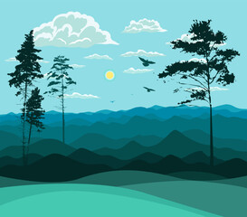 Mountains and hills blue landscape with pine trees. Hand drawing. Not AI. Vector illustration