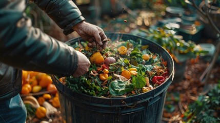 Composting involves throwing food scraps into the compost bin, such as vegetables, fruits, and eggshells, to separate and make bio-fertilizer in the kitchen or garden at home. - obrazy, fototapety, plakaty