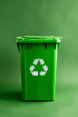 A trash bin with a recycle symbol on a clean background