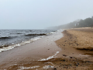 Waves on the foggy sea beach