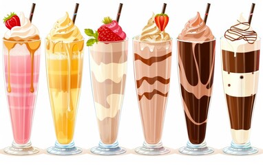 A row of six different flavored milkshakes with straws in them