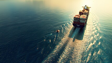 A large cargo ship loaded with containers navigates across the vast blue ocean under a clear sky, mountains in the distance.. - obrazy, fototapety, plakaty